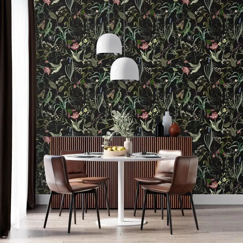 Green and Black Delicate Floral Leaves Wallpaper