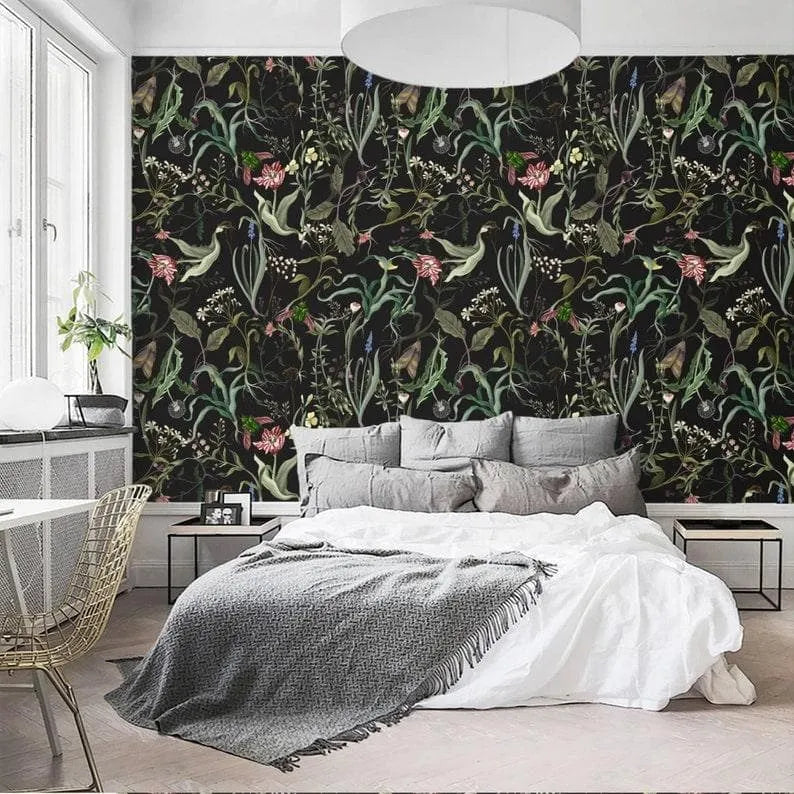 Green and Black Delicate Floral Leaves Wallpaper