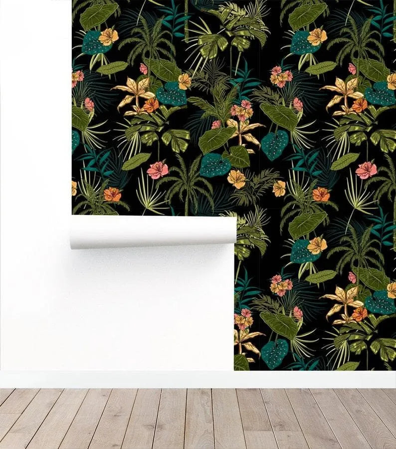 Green and Black Hawaiian Tropical Floral Wallpaper