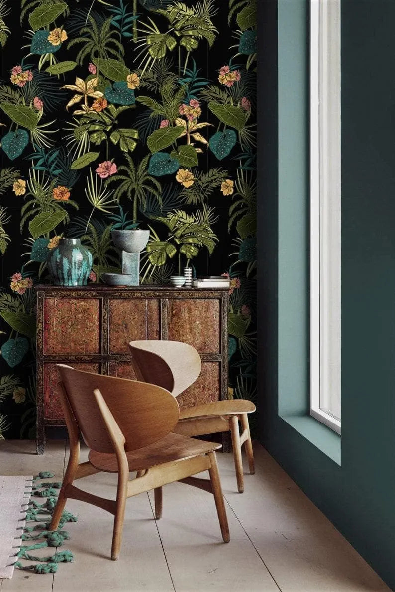 Green and Black Hawaiian Tropical Floral Wallpaper