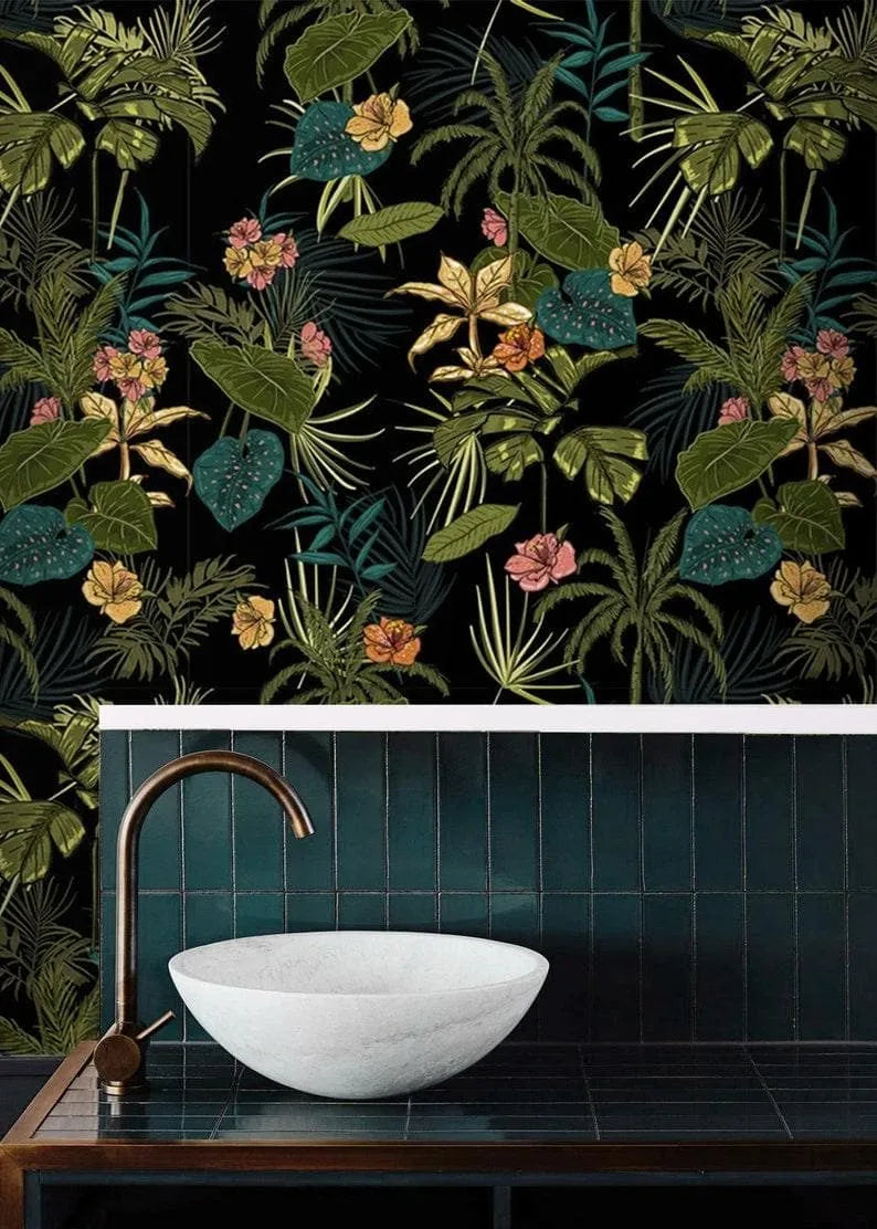 Green and Black Hawaiian Tropical Floral Wallpaper