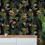 Green and Black Hawaiian Tropical Floral Wallpaper