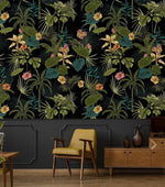 Green and Black Hawaiian Tropical Floral Wallpaper