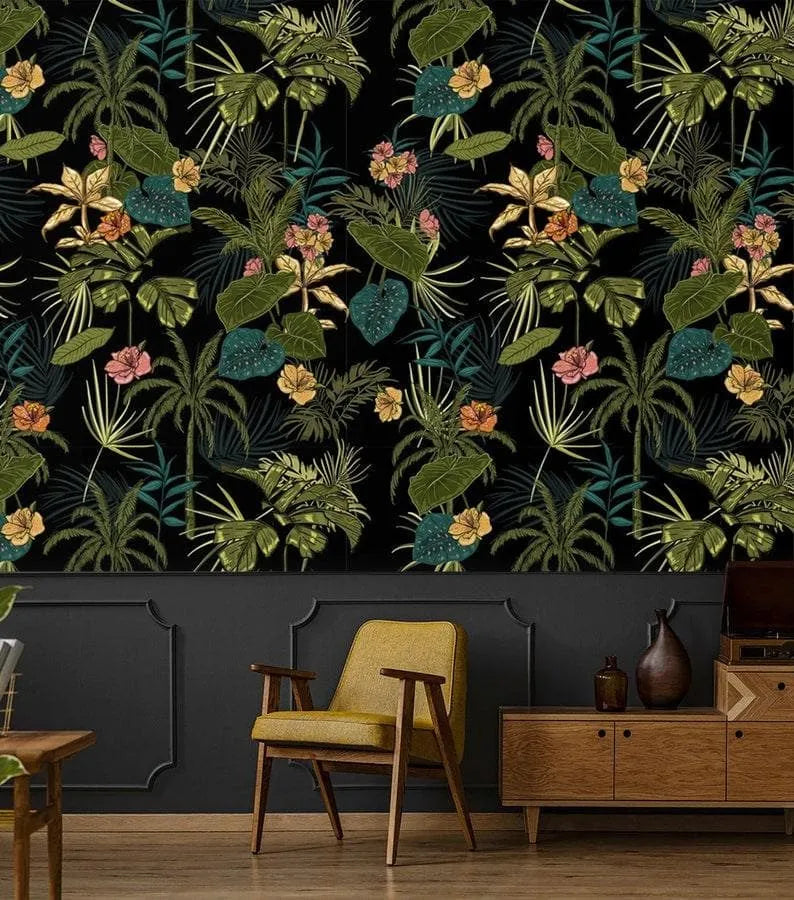 Green and Black Hawaiian Tropical Floral Wallpaper