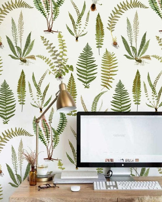 Green and White Ferns Botanical Wallpaper 