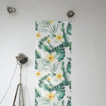 Green and White Hawaii Floral and Palm Leaves Tropical Wallpaper