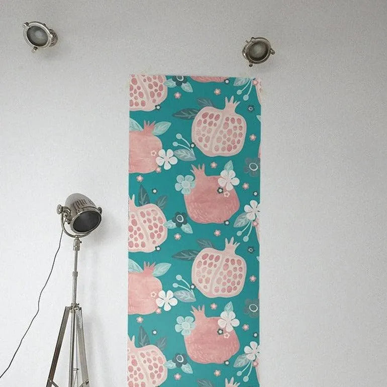 Hand Drawn Vintage Turquoise Pomegranate Wallpaper