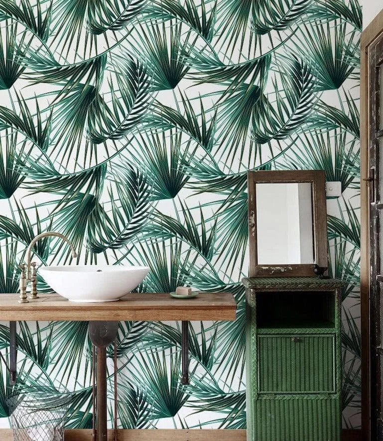 Green and White Palm Leaf and Foliage Wallpaper