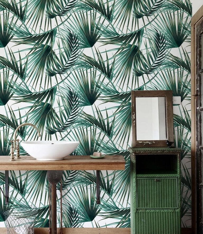 Green and White Palm Leaf and Foliage Wallpaper Green and White Palm Leaf and Foliage Wallpaper 