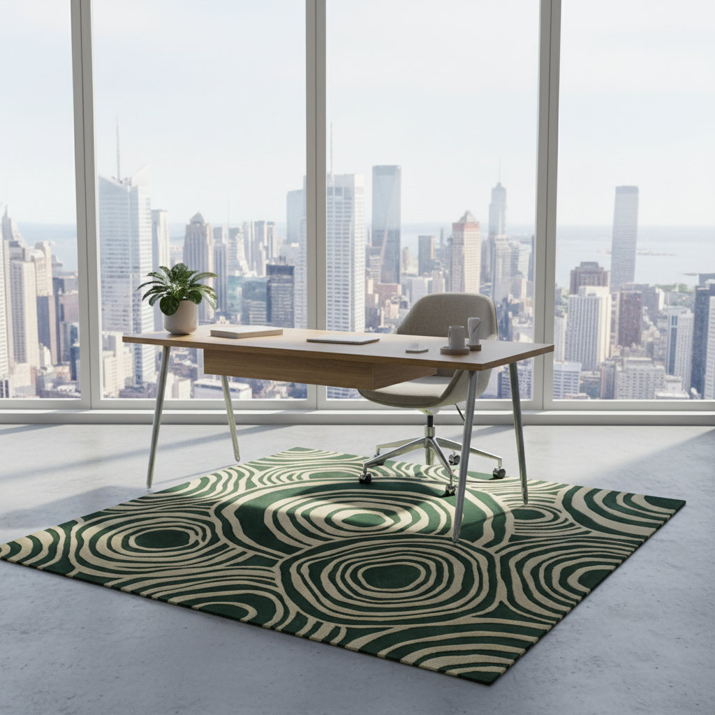 Modern office space with a desk and chair on a green and beige patterned rug, large windows with cityscape view.