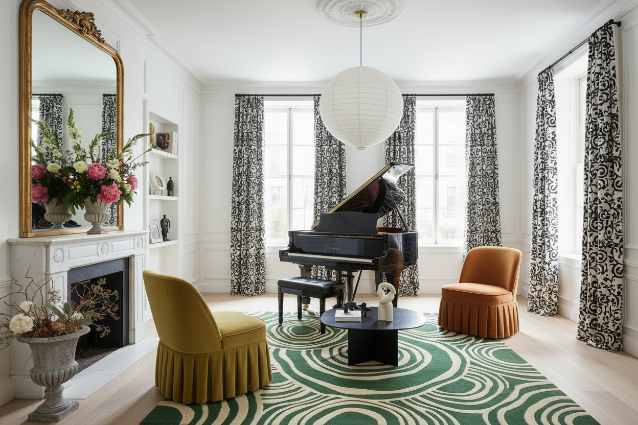 Living room with a grand piano, patterned green rug, and decorative chairs.