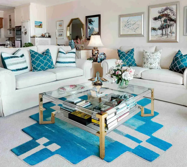 Blue Atzec Steps Square Hand Tufted Wool Rug