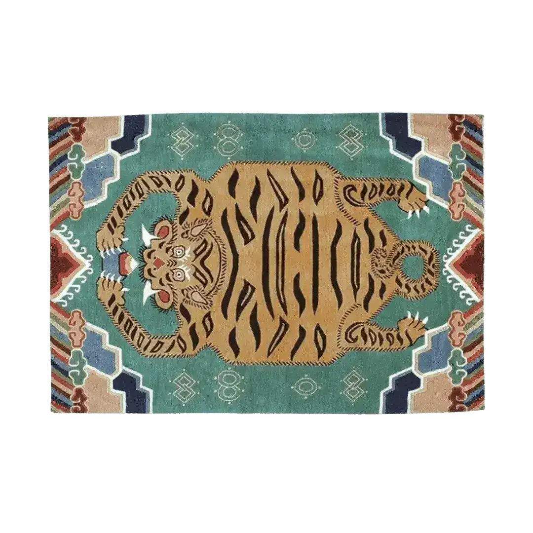 Stylish Green Oriental Tiger Hand Tufted Wool Rug showcasing a bold tiger motif on a green background, perfect for adding a touch of elegance to large living rooms. This area rug is an ideal piece for those seeking unique rugs for living rooms, combining traditional design with the quality of a wool rug.
