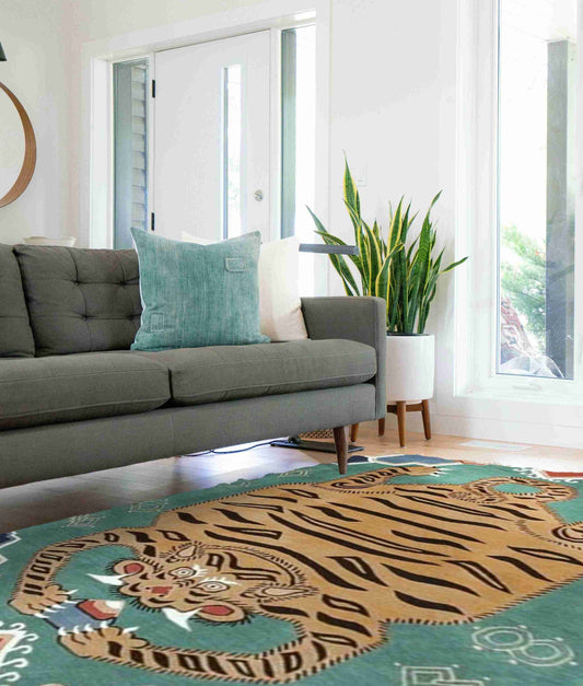 Green Oriental Tiger Hand Tufted Wool Rug