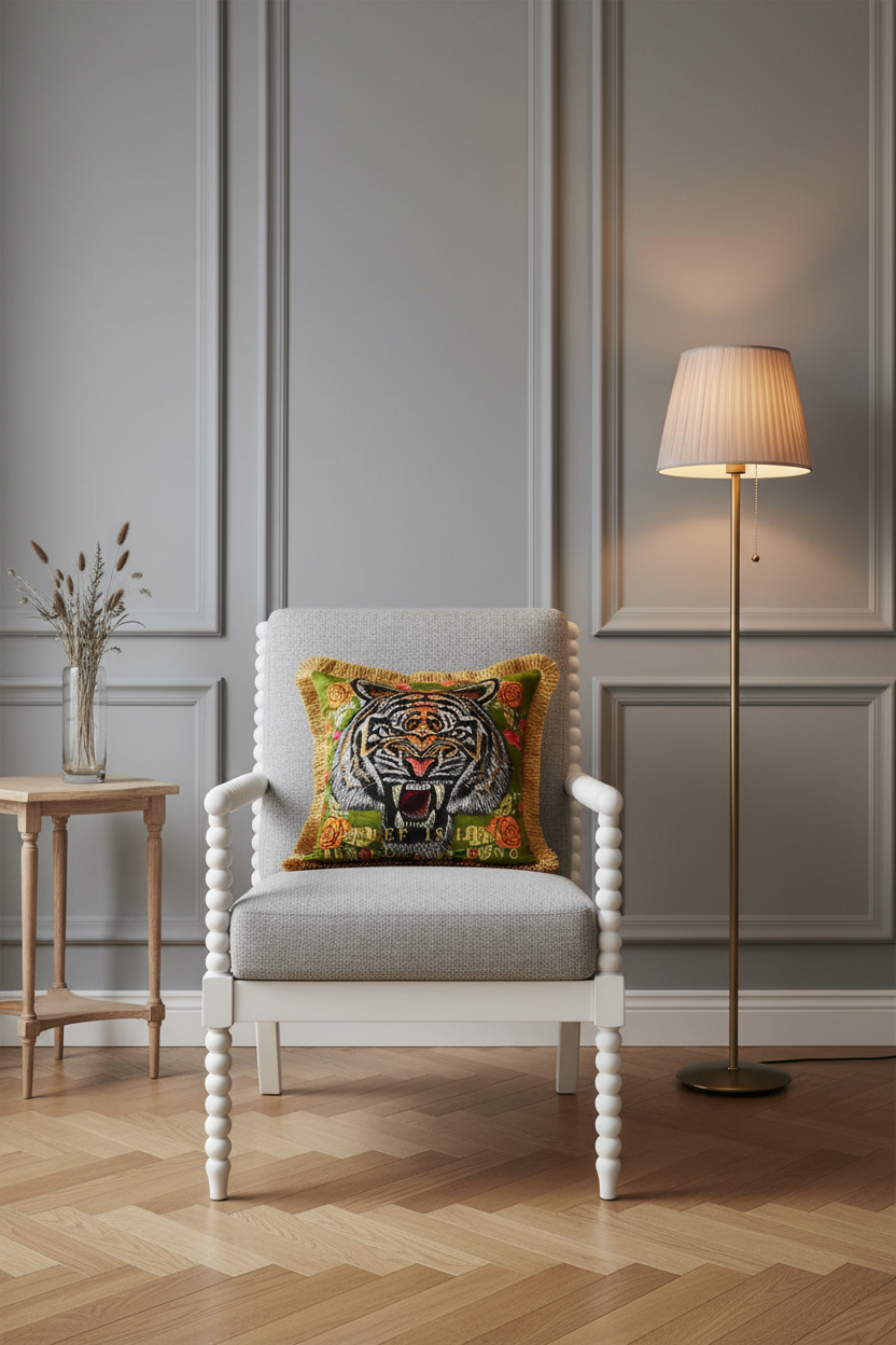 A white spindle-back armchair with a light gray upholstered seat, styled in a room with gray paneled walls and a wood floor. A colorful square throw pillow featuring a tiger face illustration is placed on the chair, next to a small side table and a floor lamp.