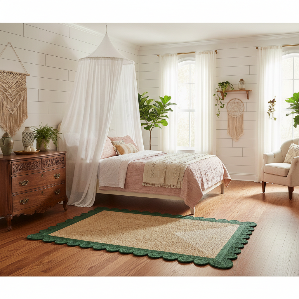 Beige rug with green scalloped border on a white background
