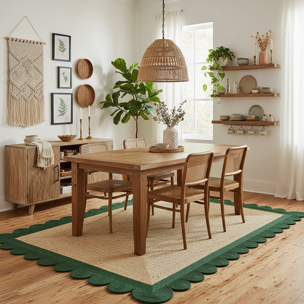 Beige rug with green scalloped border on a white background