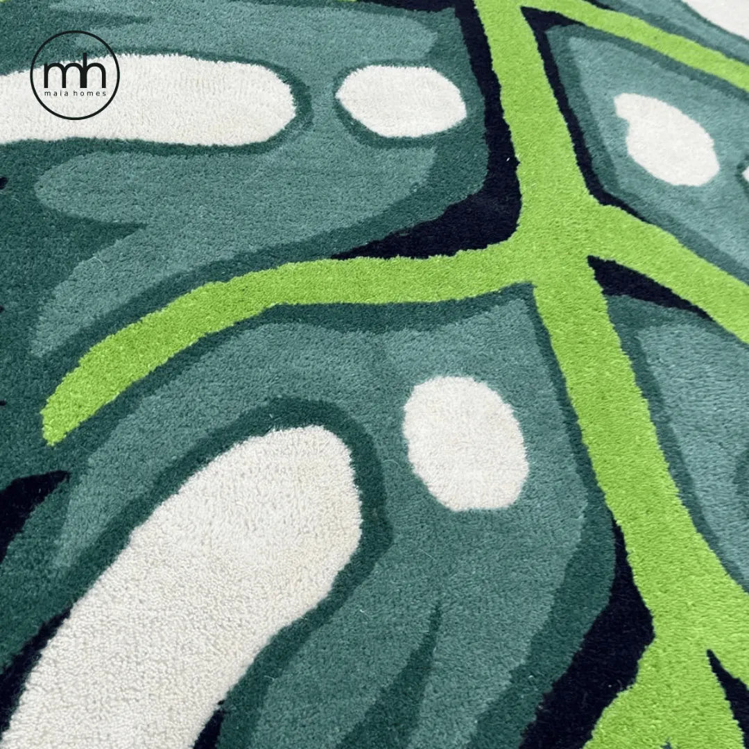 Green Monstera Leaf Shaped Accent Hand Tufted Wool Rug