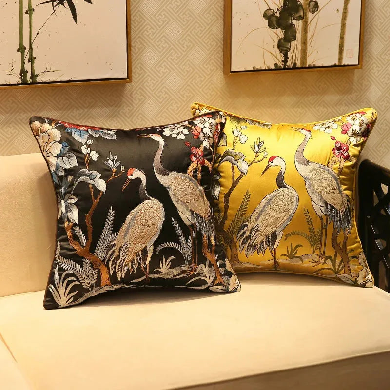 Chinoiserie Crane Embroidered Throw Pillow Cover