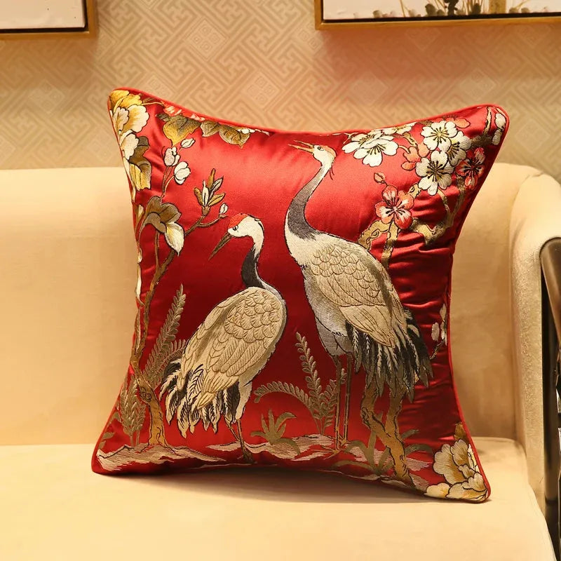 Chinoiserie Crane Embroidered Throw Pillow Cover Red