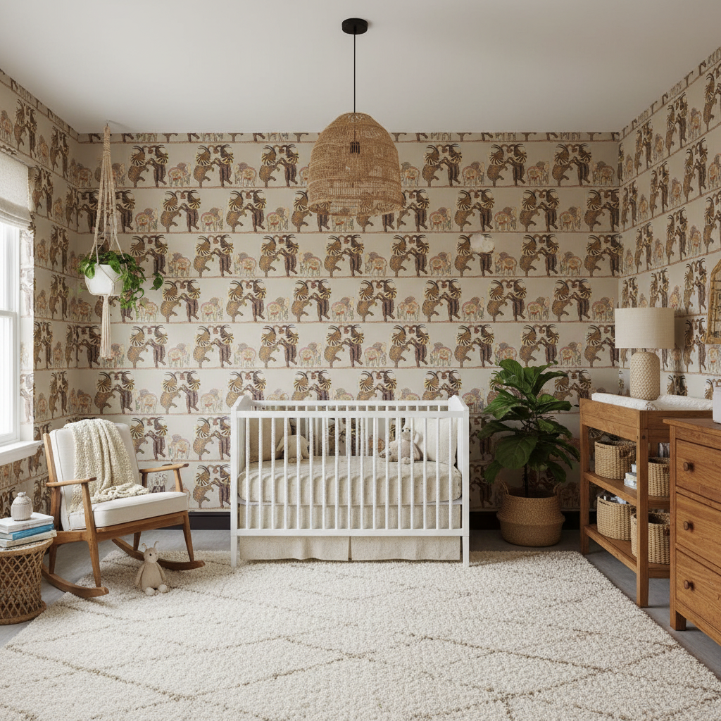 Nursery room with crib, rocking chair, and patterned wallpaper.