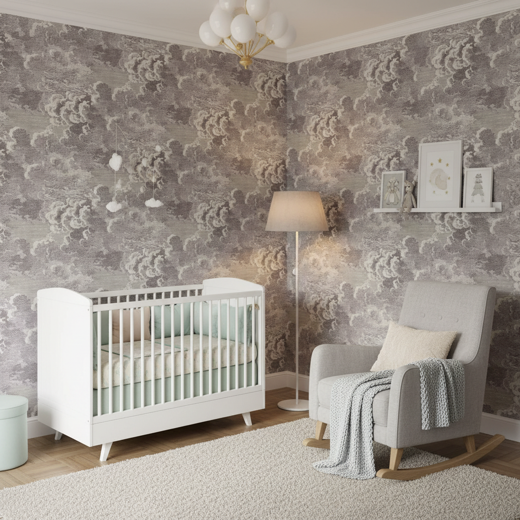 Nursery room with white crib, gray armchair, and decorative wallpaper.