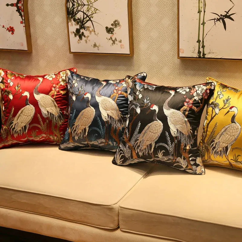 Chinoiserie Crane Embroidered Throw Pillow Cover