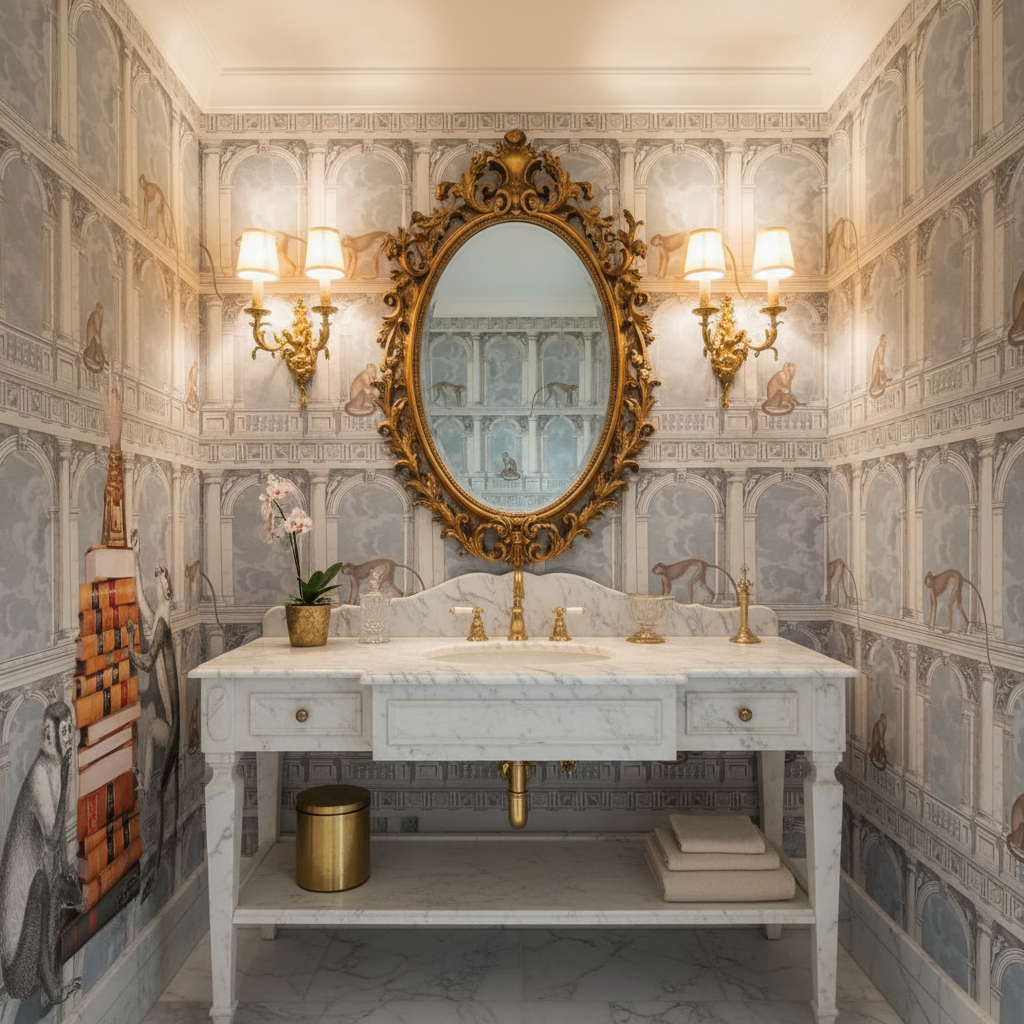 Luxurious bathroom with ornate mirror, marble sink, and decorative walls.