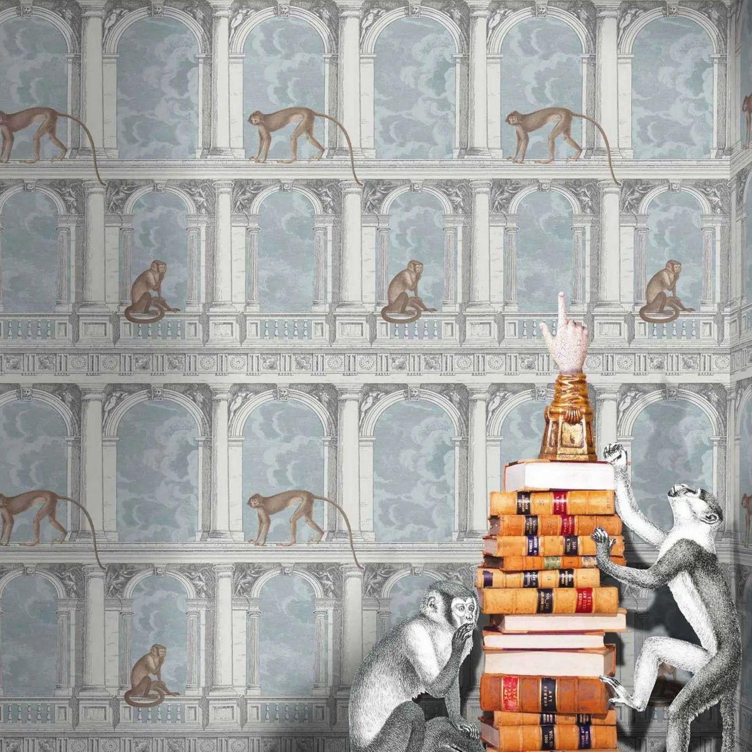 Illustration of monkeys in a classical architecture setting with books and a candle.