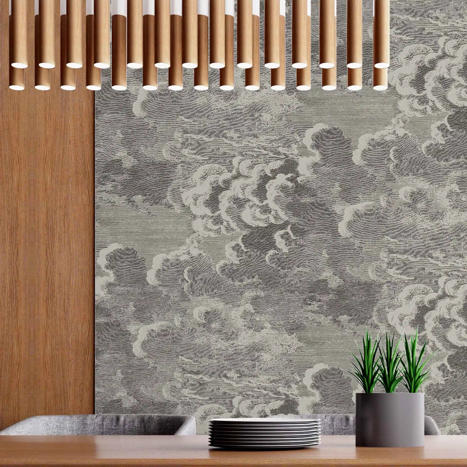 Decorative wall panel with cloud pattern next to a wooden shelf and plant