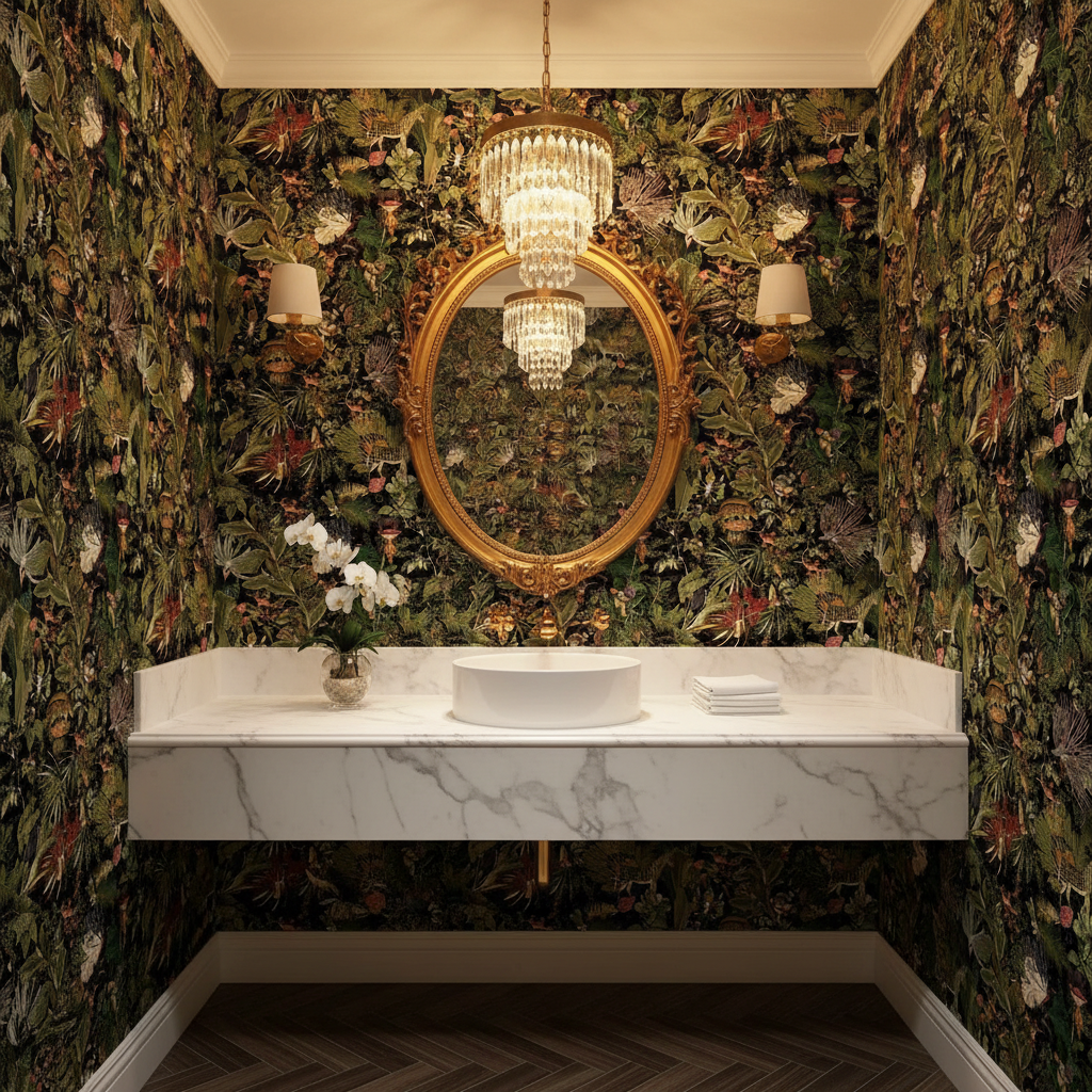 Bathroom with floral wallpaper, marble sink, and chandelier.