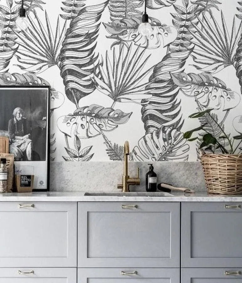 Hand Drawn Black and White Tropical Exotic Leaves Wallpaper