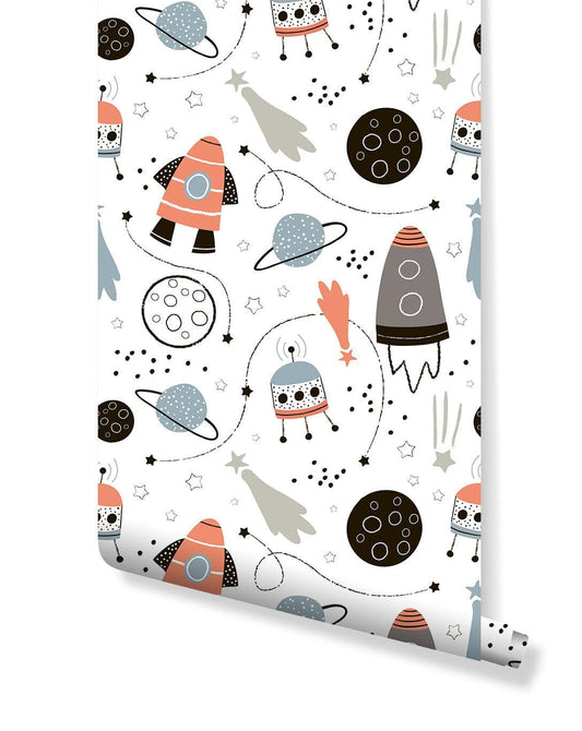 Hand Drawn Space Rockets Stars Removable Kids Wallpaper 