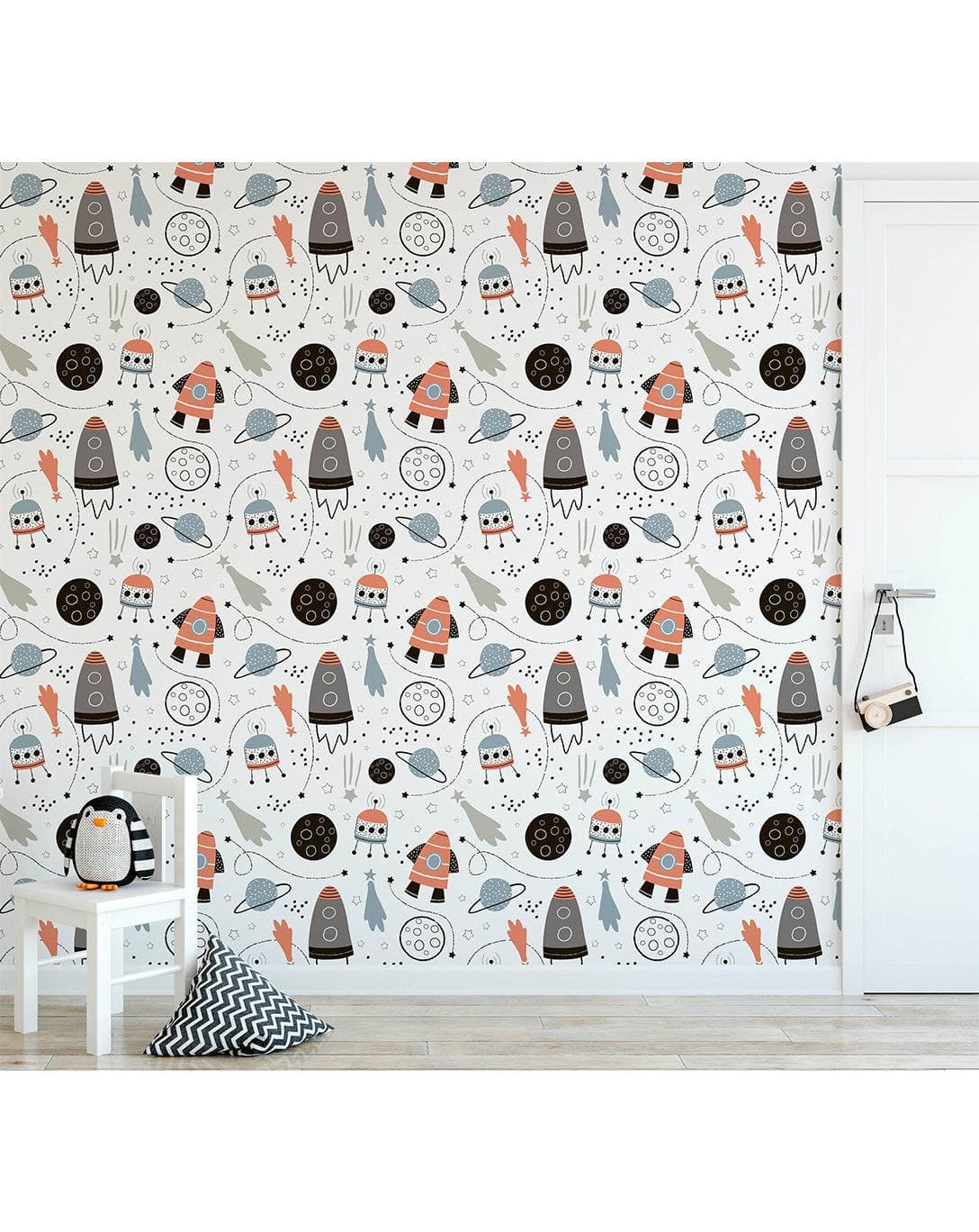 Hand Drawn Space Rockets Stars Removable Kids Wallpaper 