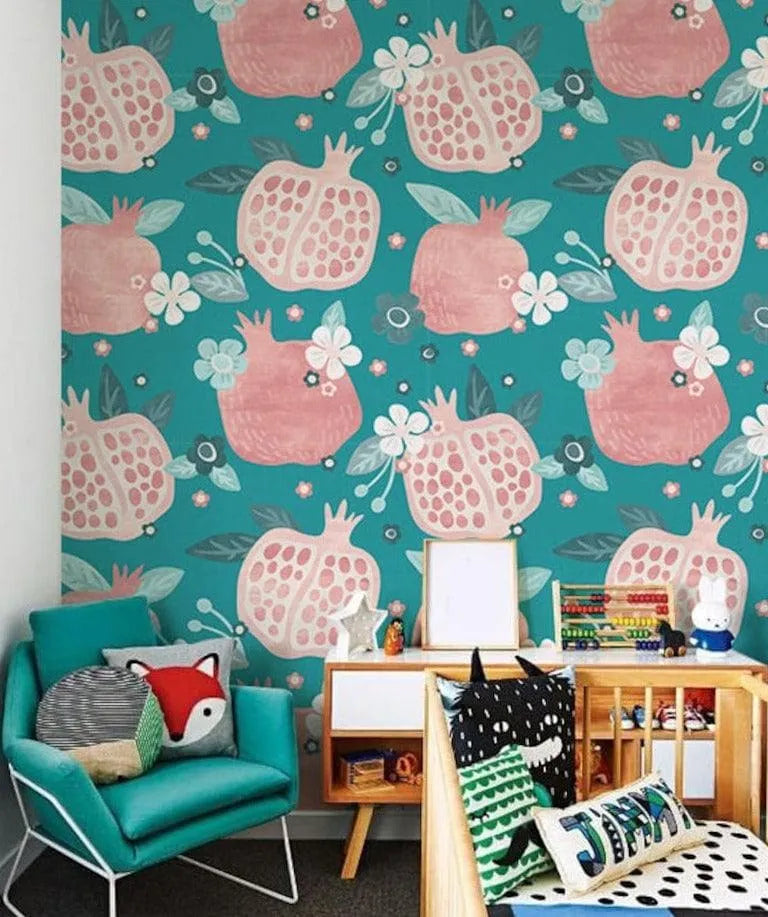 Hand Drawn Vintage Turquoise Pomegranate Wallpaper