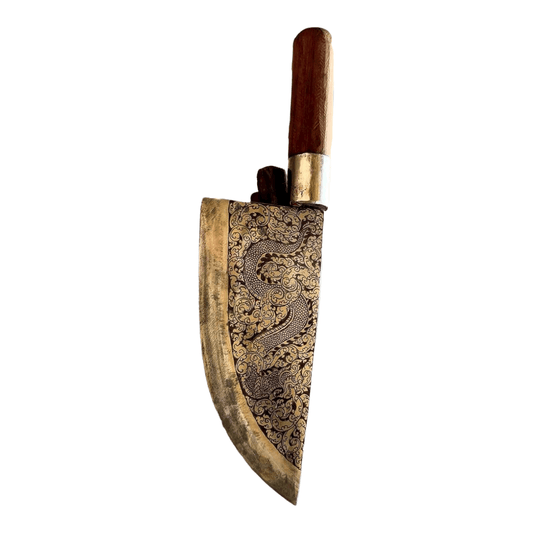 Hand Engraved Brass Khmer Ancient Butcher Knife and Wooden Handle Hand Engraved Brass Khmer Ancient Butcher Knife and Wooden Handle 