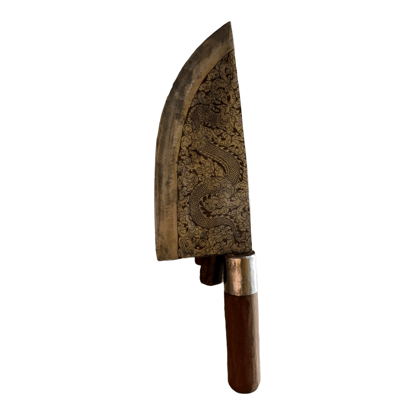 Hand Engraved Brass Khmer Ancient Butcher Knife and Wooden Handle 