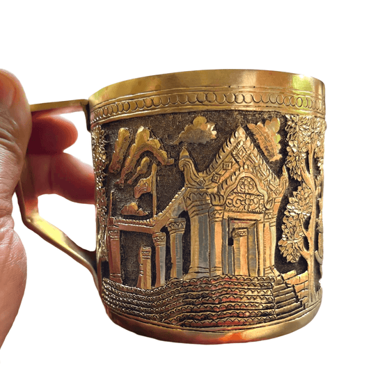 Hand Engraved Solid Brass Mug with Handle - Godly World Hand Engraved Solid Brass Mug with Handle - Bayon Temple Hand Engraved Solid Brass Mug with Handle - Temple 