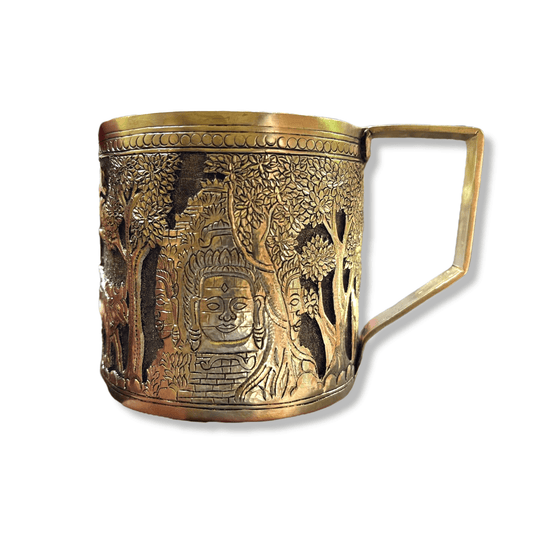 Hand Engraved Solid Brass Mug with Handle - Godly World Hand Engraved Solid Brass Mug with Handle - Bayon Temple 