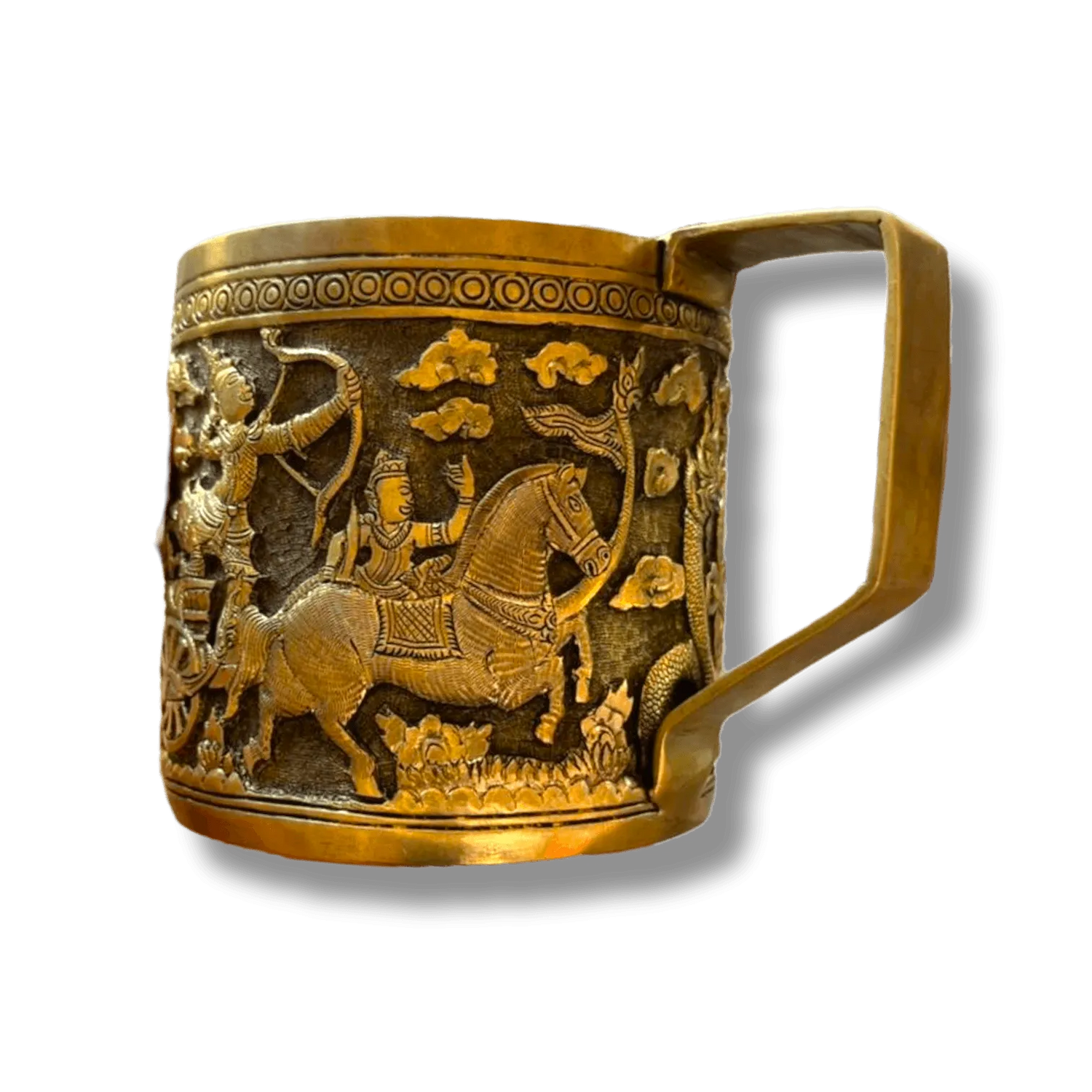 Hand Engraved Solid Brass Mug with Handle - Warriors and Horse