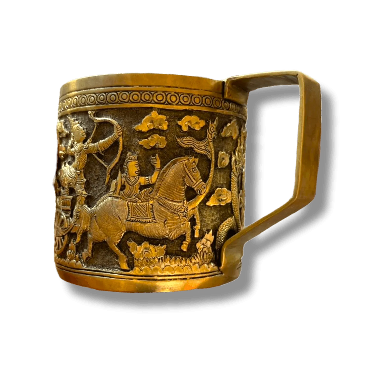 Hand Engraved Solid Brass Mug with Handle - Warriors and Horse