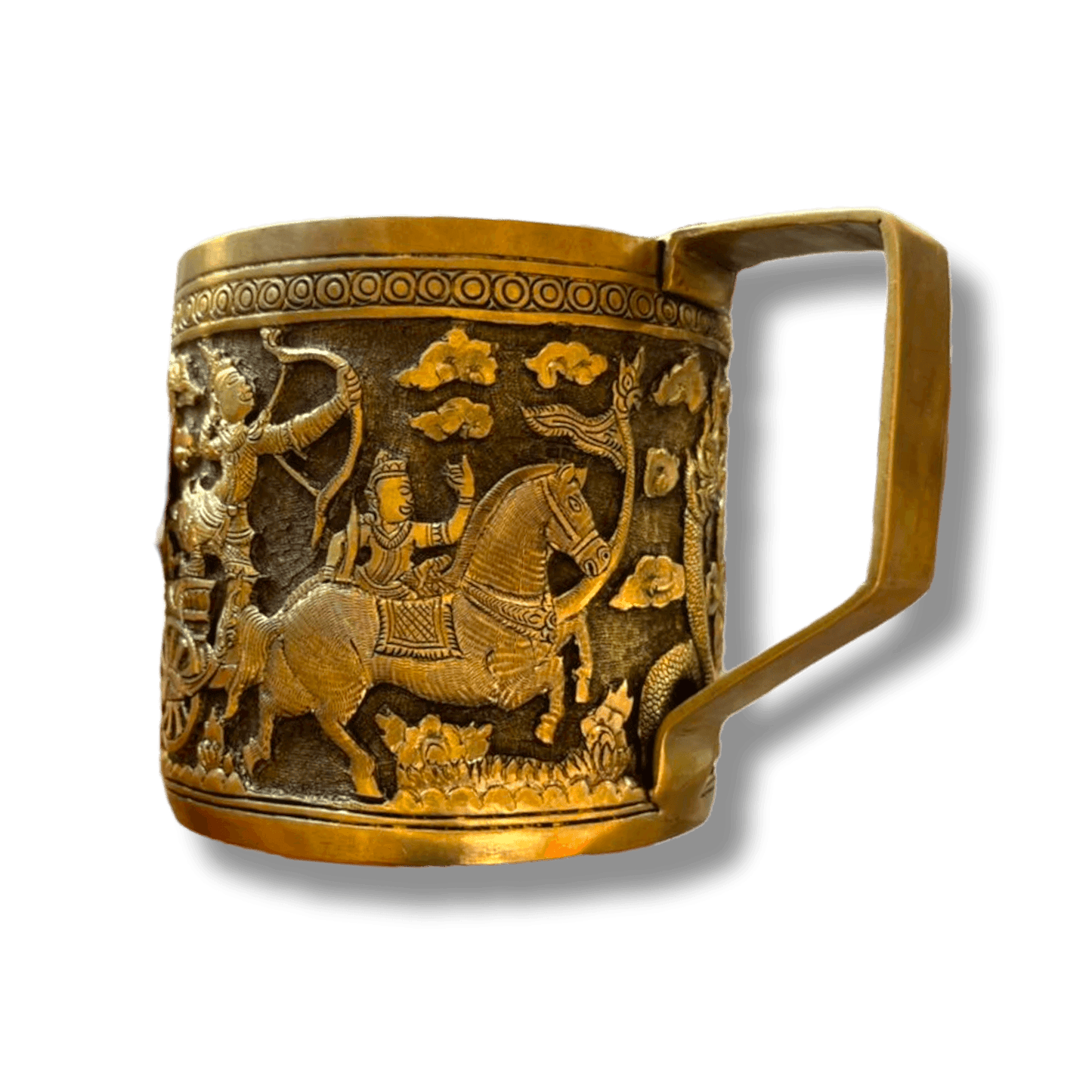 Hand Engraved Solid Brass Mug with Handle - Khmer Rural Hand Engraved Solid Brass Mug with Handle - Warriors and Horse 