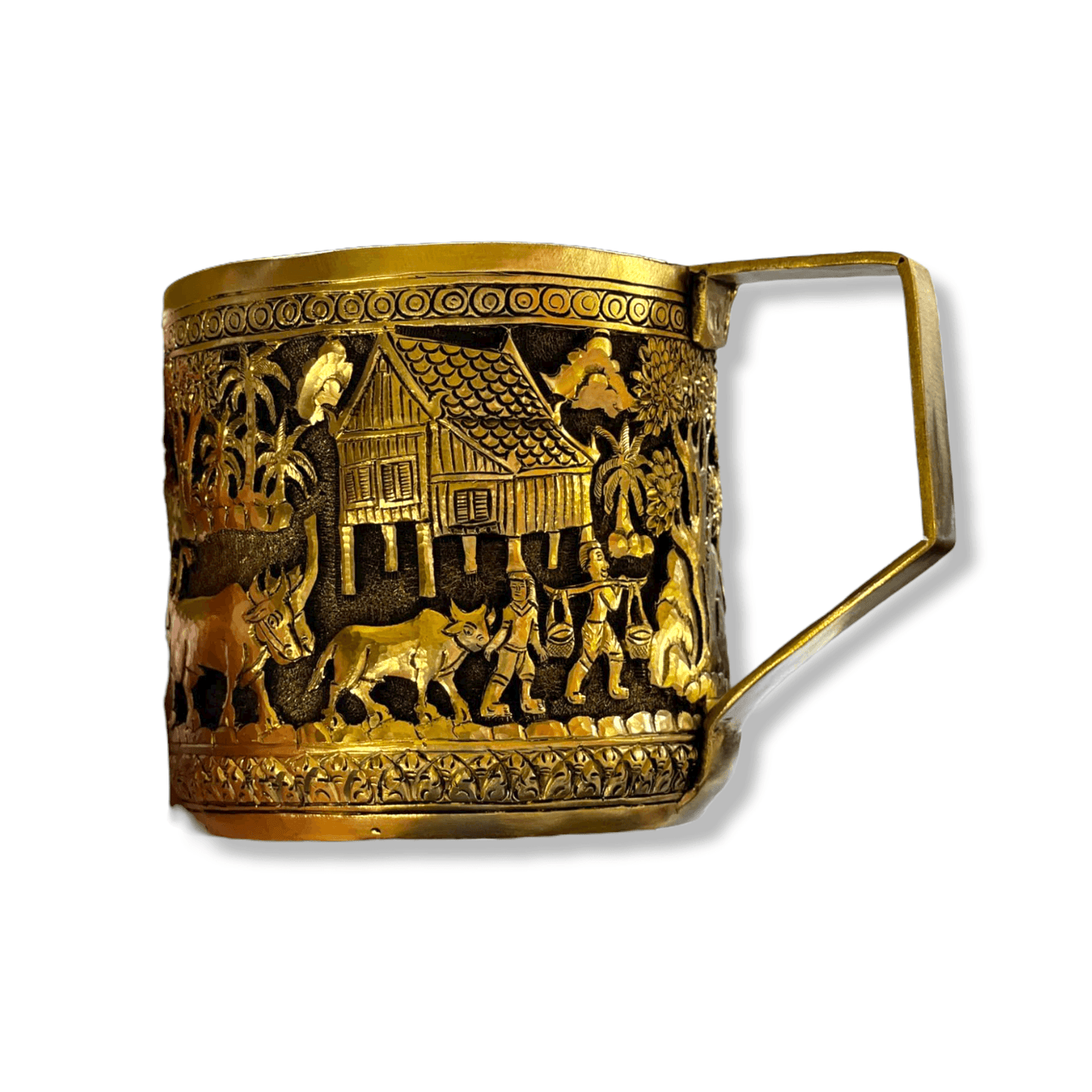 Hand Engraved Solid Brass Mug with Handle - Khmer Rural 