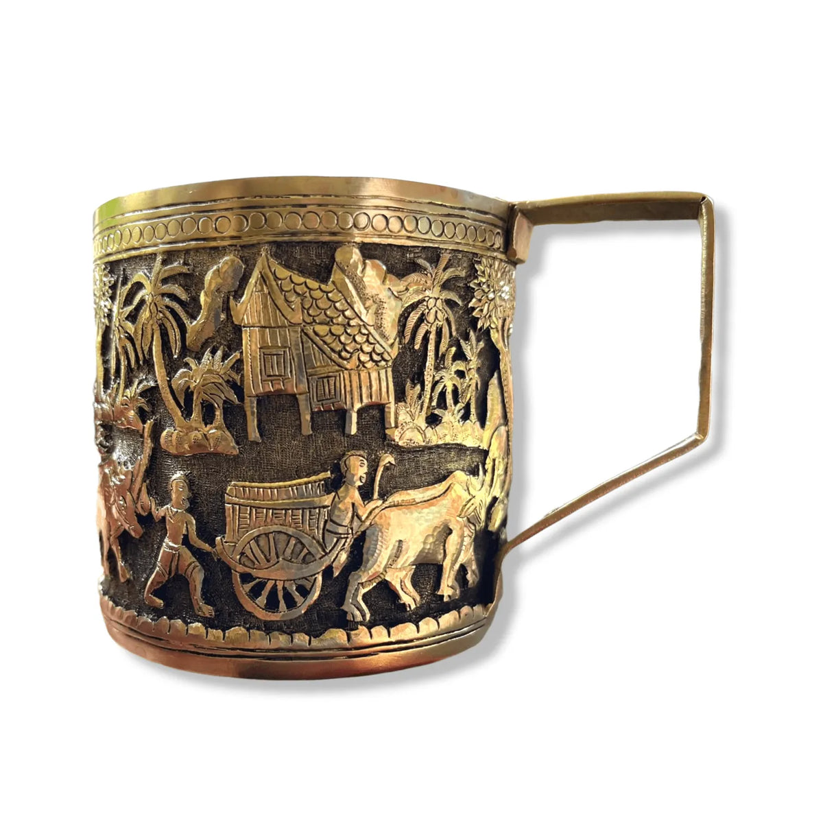 Hand Engraved Solid Brass Mug with Handle - Khmer Rural