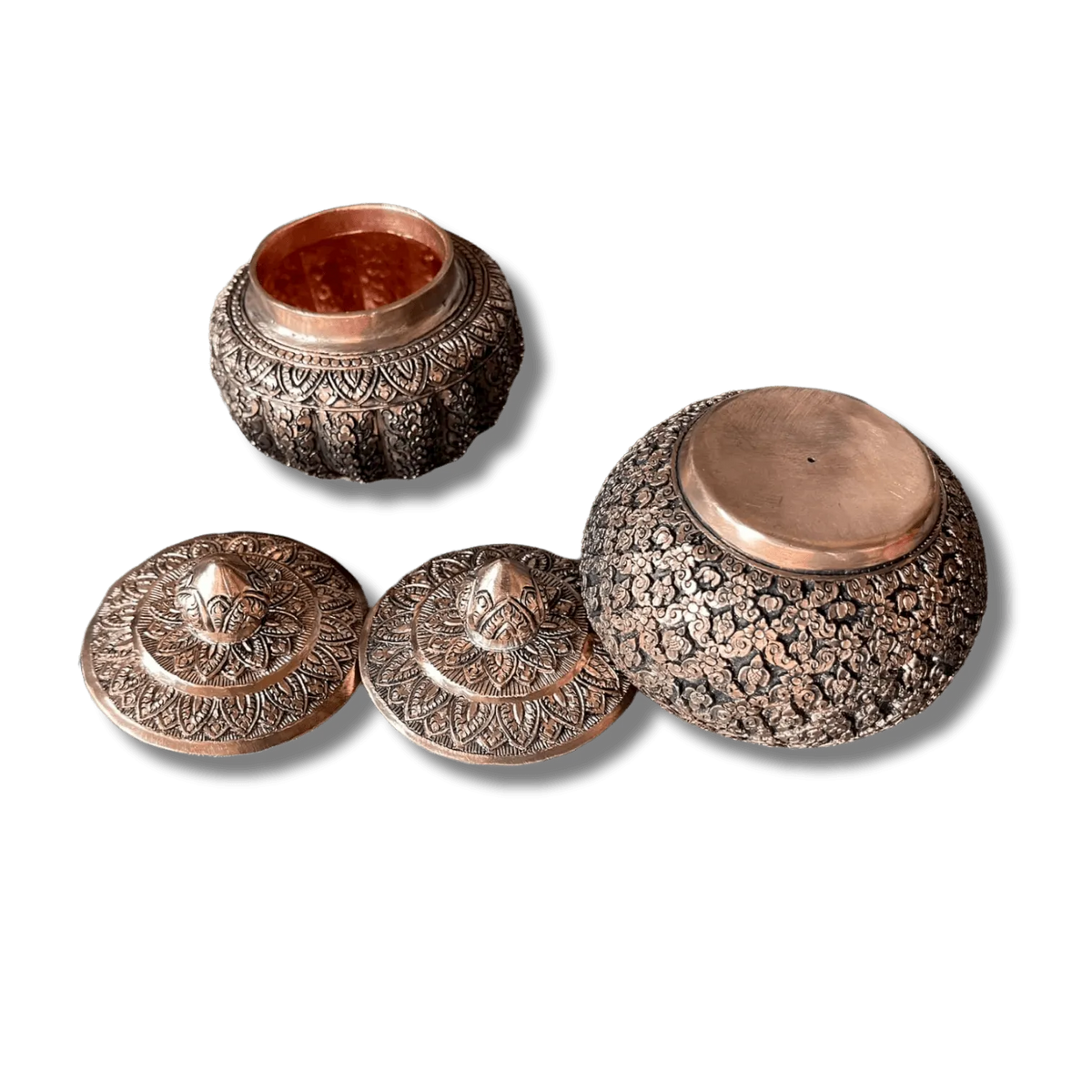 Hand Engraved Solid Brass Niello Betel Box with Lotus Lid