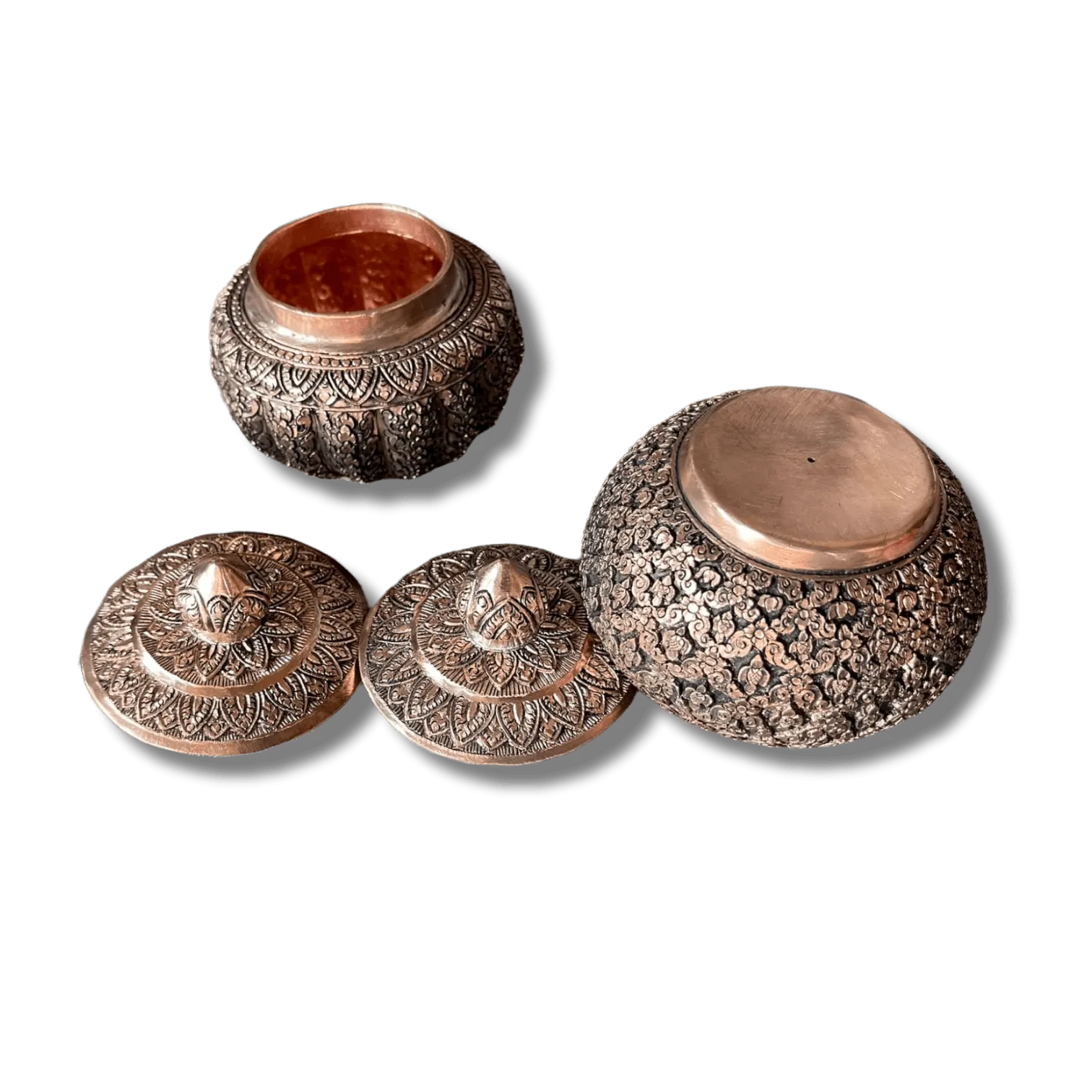 Hand Engraved Solid Brass Niello Betel Box with Lotus Lid