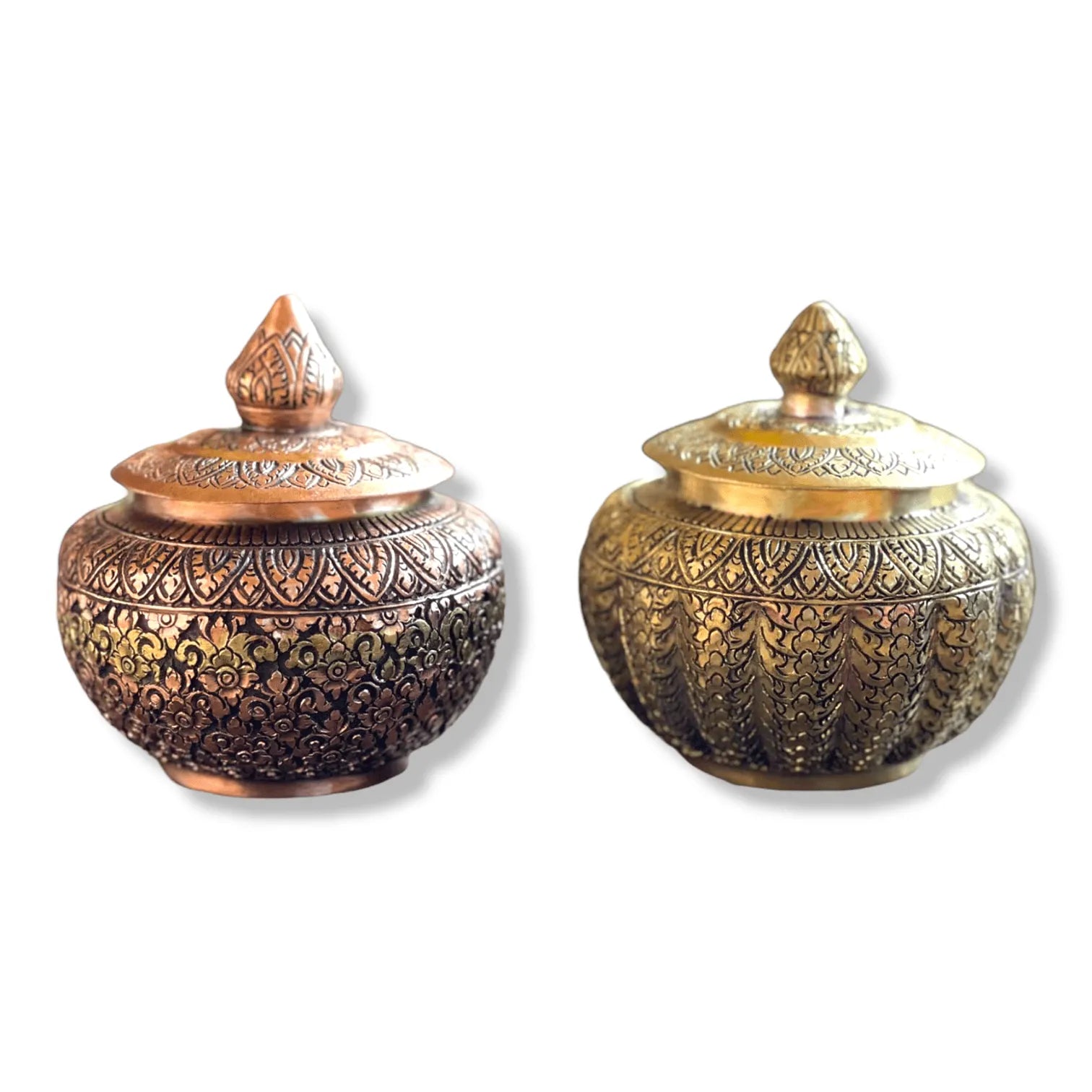 Hand Engraved Solid Brass Niello Betel Box with Lotus Lid