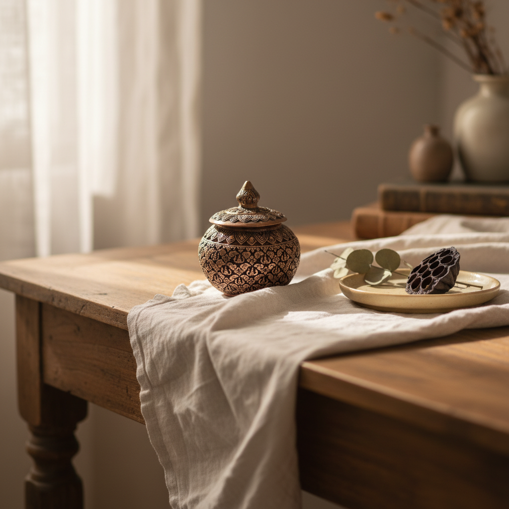 A small decorative ceramic lidded jar with an intricate geometric pattern sits on a draped white linen table runner on a rustic wooden table, styled with a small plate and eucalyptus leaves in a warm, softly lit room.