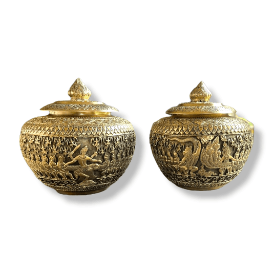 Hand Engraved Solid Brass Niello Betel Box with Lotus Lid - Ramayana Hand Engraved Solid Brass Niello Betel Box with Lotus Lid - Ramayana 
