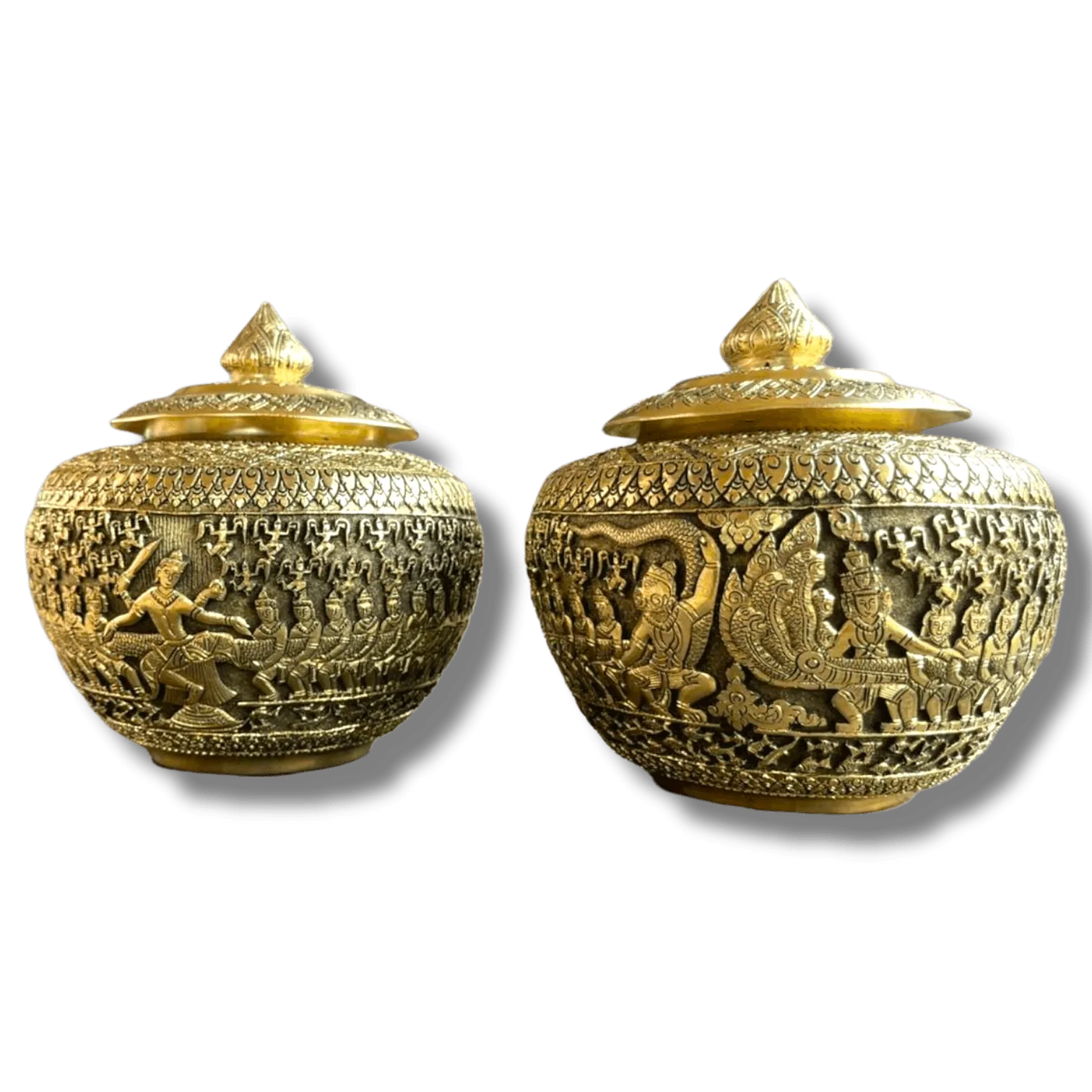 Hand Engraved Solid Brass Niello Betel Box with Lotus Lid - Ramayana